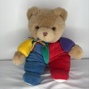 Vintage Eden Toys Teddy Bear Plush Velour Primary Colors Rainbow Bow 1990s